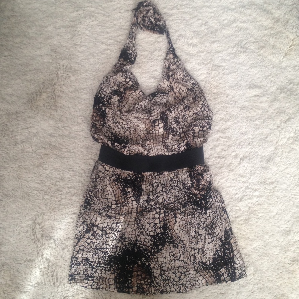 Y2K Ivory Black Snakeskin Print Halter Mini Dress